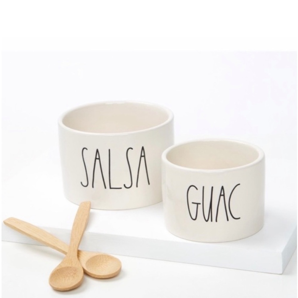 Rae Dunn Guacamole Salsa Set Stoneware Serving Bowls Bamboo Spoons White Black